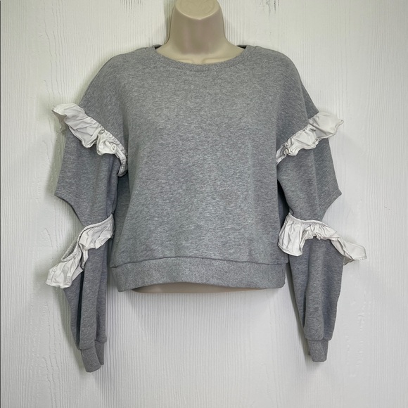 English Factory - Crewneck White Ruffle Open Elbow Grey Lightweight Sweatshirt S - Picture 2 of 9